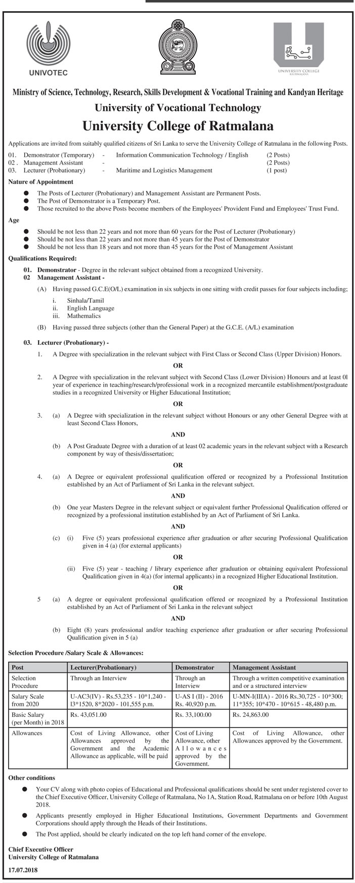 Management Assistant, Lecturer, Demonstrator - University College of Ratmalana - University of Vocational Technology